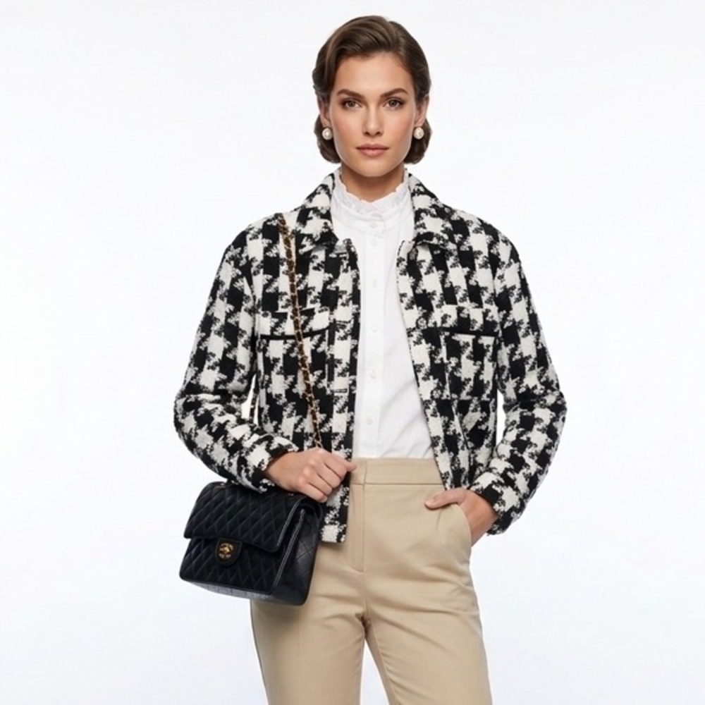 Black & White Houndstooth Tweed Button Up Blazer Size Small Cotton
